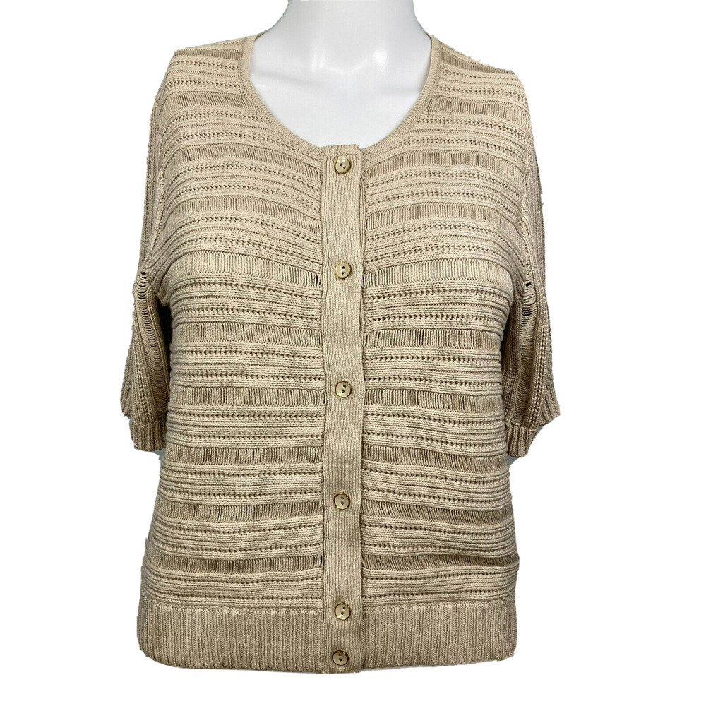 Carlisle Cardigan Womens Sz M‎ Beige Silk Cotton Knit Short Sleeve Sweater